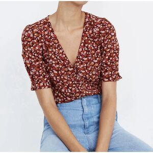 Madewell Silk Button Sleeve Top Womens Size 6 Spring Prairie Brown Floral